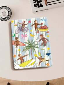 Blue And White Stripes And A Monkey IPad Case Compatible With IPad Air 4/5 10.9 Inch, IPad 7/8/9th 10.2 Inch, Built-In Pencil Slot Compatible With Samsung Tab S6 10.4 Inch, Tab A7 Lite 8.7 Inch, Ins Style Leather Case, Back To School, Valentine's Day, New Year Gift