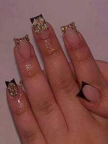 24Pcs Long Square Press On Nails Black French Tip Nails Rhinestone & Gold Bowknot Decorated Luxurious Full Cover For Women Girls Summer Nails Art Charm Dating Office Home Party Nail Supplies Nails - Black 2 - 查看 2