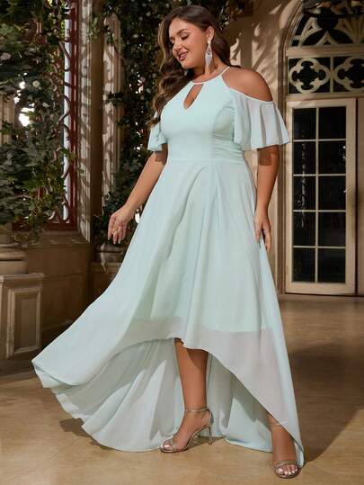 Women Plus Size Elegant Solid Color Graceful Mature Romantic Chiffon Ruffle/Flounce Curve A-Line Hi-Lo Bridesmaid Cocktail Party Dress For Wedding Guest Maid Of Honor Mother Of Bride Formal Evening Gowns, Suitable For Spring, Summer, Autumn, Winter