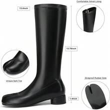Women Fashion Knee High Stretched Leather Boots Split Toe Round Block Heels Tabi Shoes Side Zipper Black Mid Calf Bootshalloween - màu đen - Xem 5