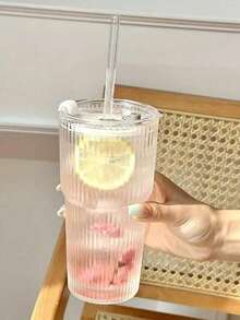 1 Pc Of Striped Glasses With Straws And Lids, Portable Simple Style Water Cups, Vertical Striped Glasses, Reusable High-Quality Coffee And Juice Cups, Multi-Purpose Beverage Containers, Perfect For Home, Office, Beach, Various Parties, Suitable For Coffee, Tea, Milk, Iced Americano And Latte Drinks, Water Cups - Multicolor - View 9