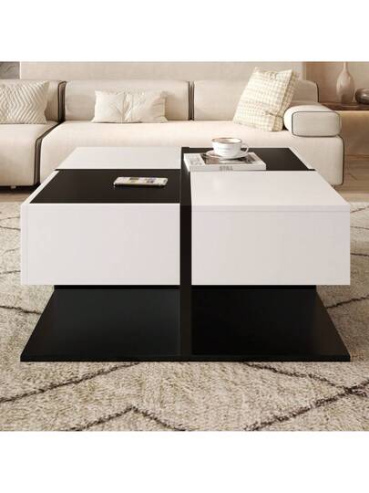Moderne Coffee Tafel Zwart Wit 70*70*35.5 Drawers, Square Living Room Storage Space, High Gloss Zachte Drawer Rails view 6
