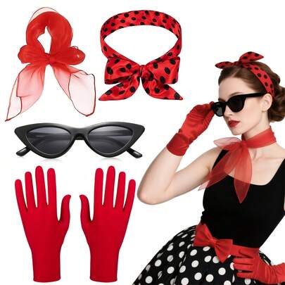 Set de 5 piezas de accesorios retro de mujer de los años 40 y 50, que incluye pañuelo, gafas de ojo de gato, diadema con lunares y guantes, adecuado para fiestas con tema de los 50, disfraces de Halloween, bailes de máscaras, uso diario y fiestas temáticas