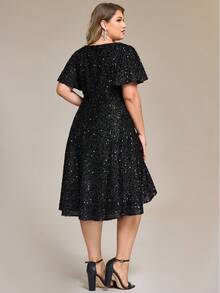 Abiti da sera eleganti con paillettes, scollo a V, maniche a volant e orlo asimmetrico, adatti per feste, matrimoni autunnali e occasioni speciali, disponibili in taglie comode - nero - Visualizzare 2