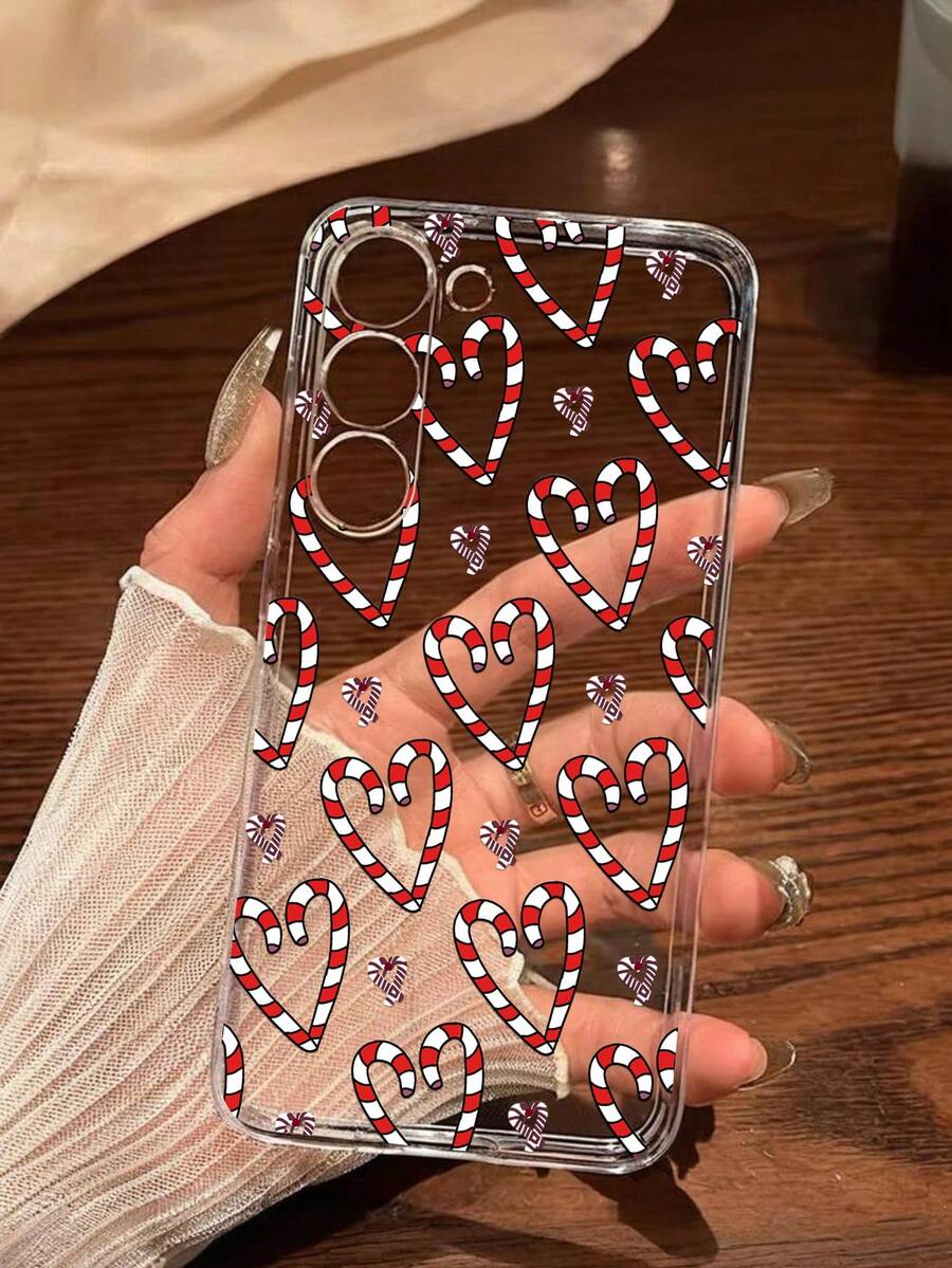 1pc Christmas Candy Cane & Heart Design Soft Phone Case, Compatible With IPhone, Honor, Redmi, Galaxy,