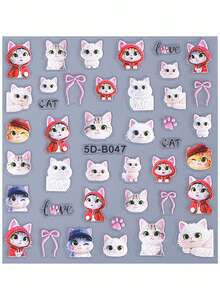 5D Cartoon Cat Embossed Nail Stickers 2pcs Cute Funny Heart Bow Cat & Cat Paw Design DIY Kawaii Japanese Korean Self-Adhesive Slider Nail Art Decoration