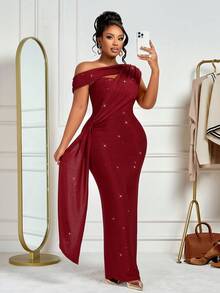 BIUBIU 大码女士优雅性感红色不对称露肩修身连衣裙，高弹亮片针织面料，适合派对、周年纪念、婚礼宾客、万圣节、秋冬夏季穿着 - 酒紅色 - 查看 8