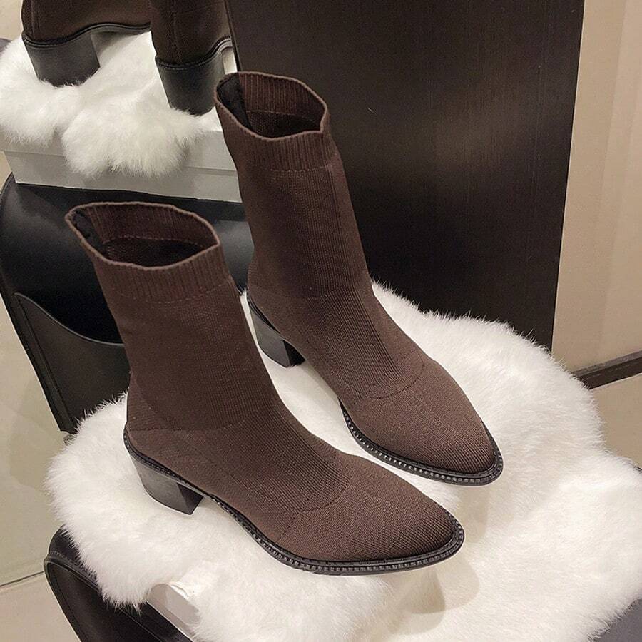 2025 Botas Elásticas Pretas Slim para Mulheres, Salto Grosso de Salto Alto Bico Fino Cor Sólida Marrom Botas Ankle, Estilo Ocidental Botas Curtas, Outono/Inverno
