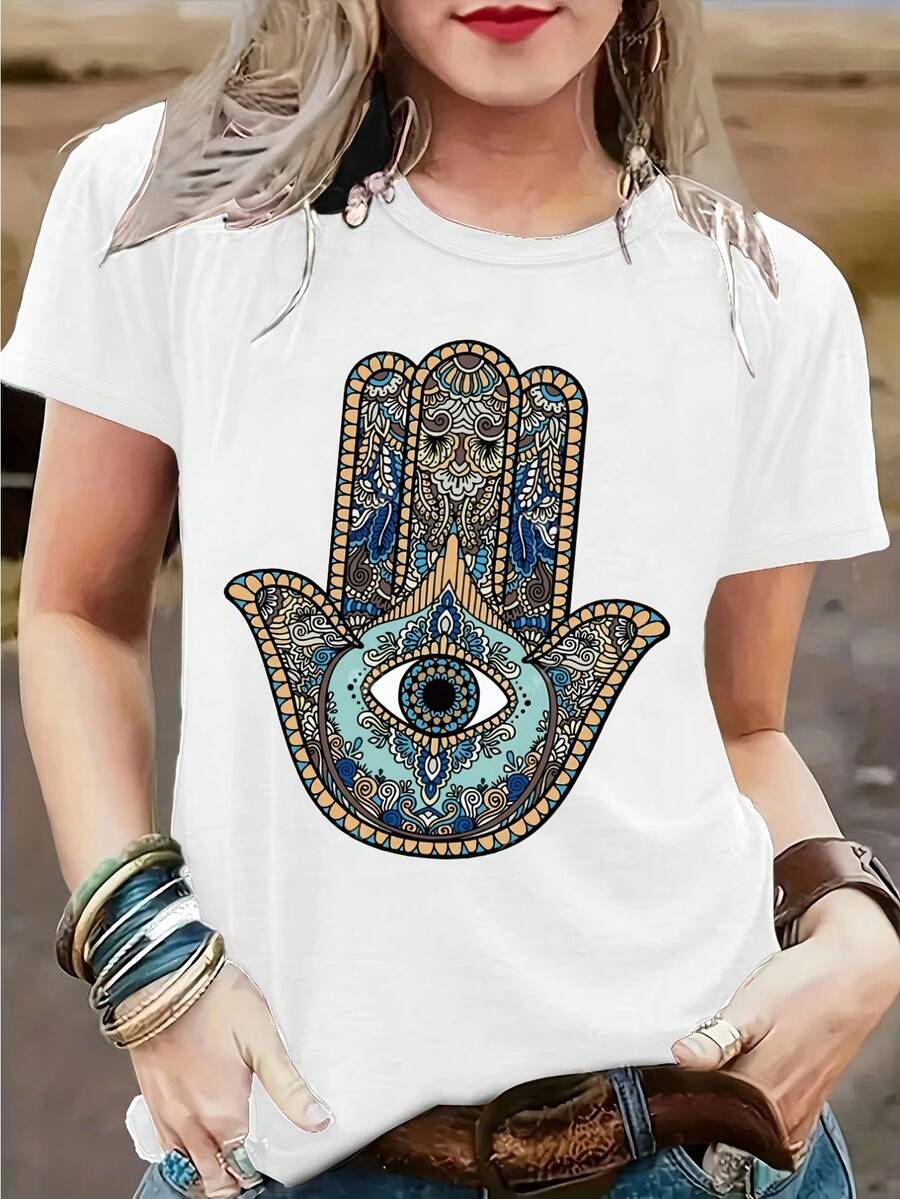 Stylish Women's Black T-Shirt with Intricate Hamsa Hand & Eye Design - Elegant Cotton, Short Sleeve, Round Neck, Machine Washable - Perfect for All Seasons