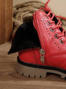 女童纯红色秋冬中筒靴，柔软仿皮设计时尚靴子，厚底防滑儿童靴子，适合圣诞节、万圣节、秋冬季，带保暖衬里 - 紅色 - 查看 7