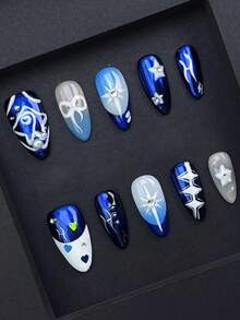 10 pezzi di unghie finte a mandorla, set di unghie finte blu laser primaverili ed estive con decorazioni a stella disegnate a mano, personalizzate e alla moda, adatte per tutti i look quotidiani delle donne