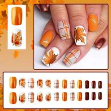 24 Pcs Fall Thanksgiving Orange Press On Nails Short Square - ZWENJIE Cute Glitter Fake Nails Press Ons Nail Art Tips With Autumn Leaves Lattice Design Full Cover Acrylic False Nails Glue On Nails Kit - 款式 J03 - 查看 3