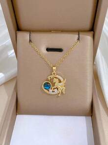 1pc Stainless Steel Ladies Necklace With Moon Shape Pendant Decorated With Starry Sky Stone And Rhinestone {Necklace Box Not Included} - 金子 - 查看 10