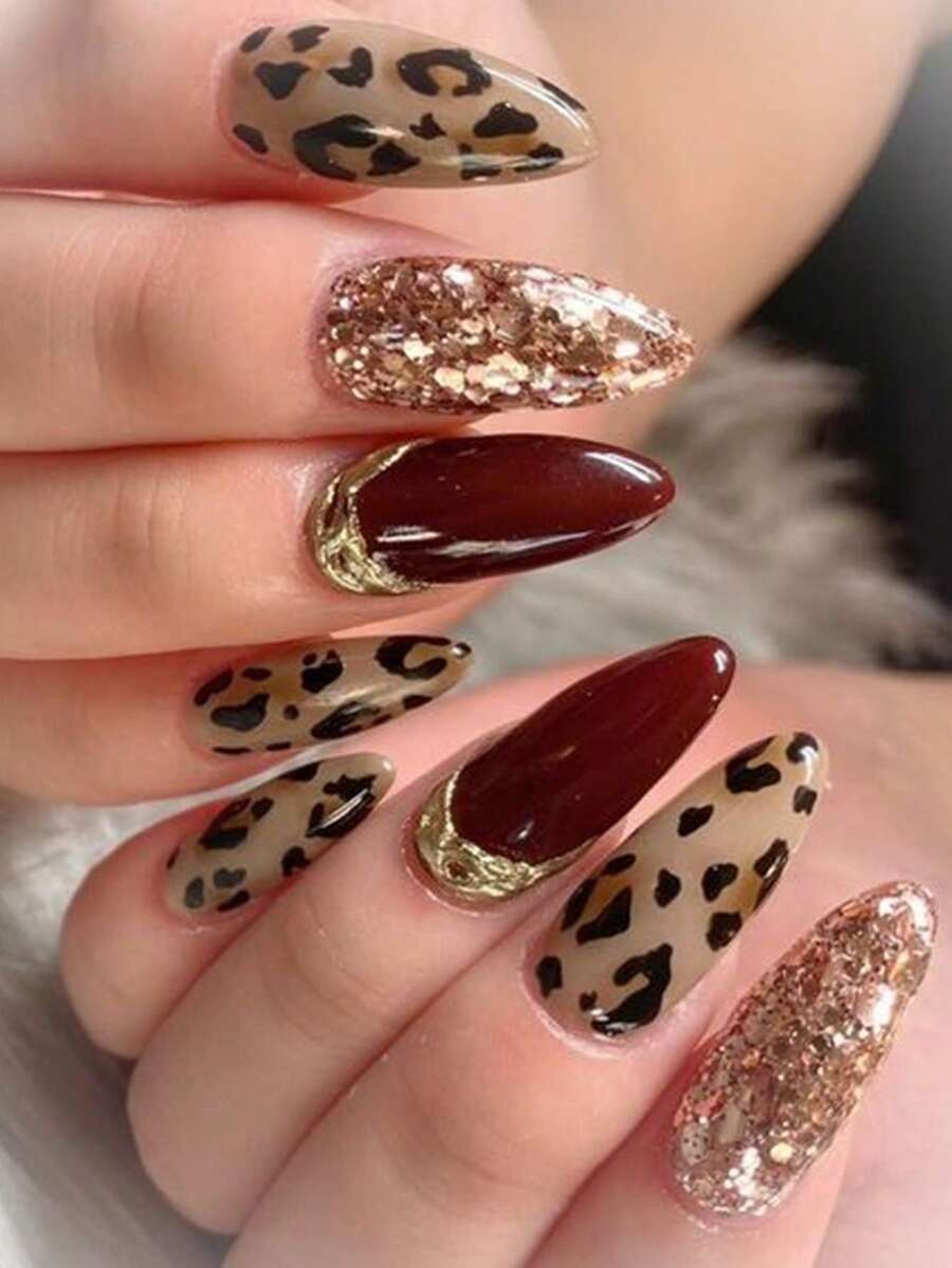 24 件秋冬豹纹美甲 3D 凝胶美甲适合女士和女孩的派对、舞会和日常佩戴，可拆卸和重复使用 - 彩色 - 查看 1