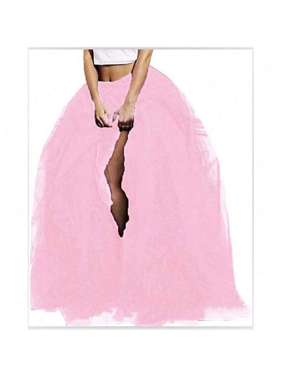 Women's Tulle Maxi Skirt Vestidos De Fiesta Elegantes Floor Length Layered Elastic High Waist Split Skirt A-Line Puffy Lace Mesh Tutu Skirt - 粉色 - 查看 1