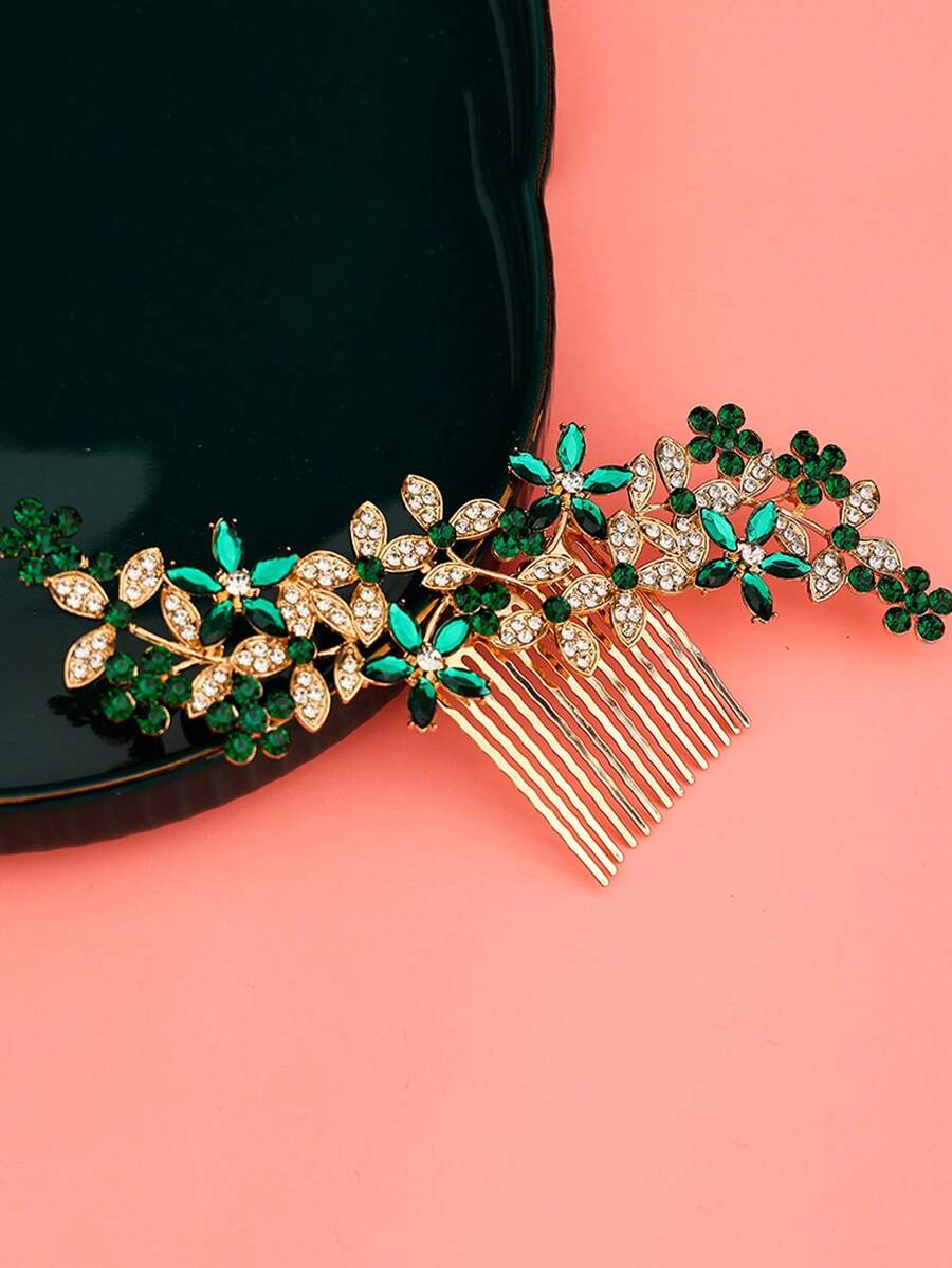 1 Peça Pente de Cabelo Elegante e Luxuoso com Flores e Strass, Acessório de Cabelo Floral com Strass para Noiva, Noiva, Pentes, Pente de Cabelo, Pentes para Cabelo, Pente Lateral, Casamento
