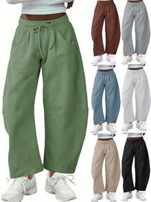 Women's Barrel Leg Sweatpant Drawstring Elastic Waisted Wide Leg Pants Casual Cotton Palazzo Trousers With Pockets - 綠色 - 查看 1