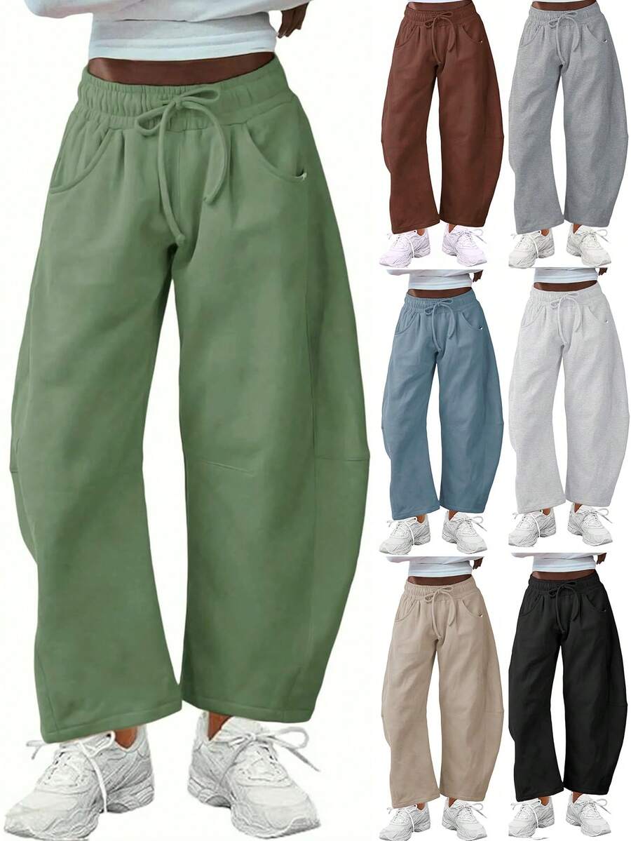 Women's Barrel Leg Sweatpant Drawstring Elastic Waisted Wide Leg Pants Casual Cotton Palazzo Trousers With Pockets - 綠色 - 查看 1