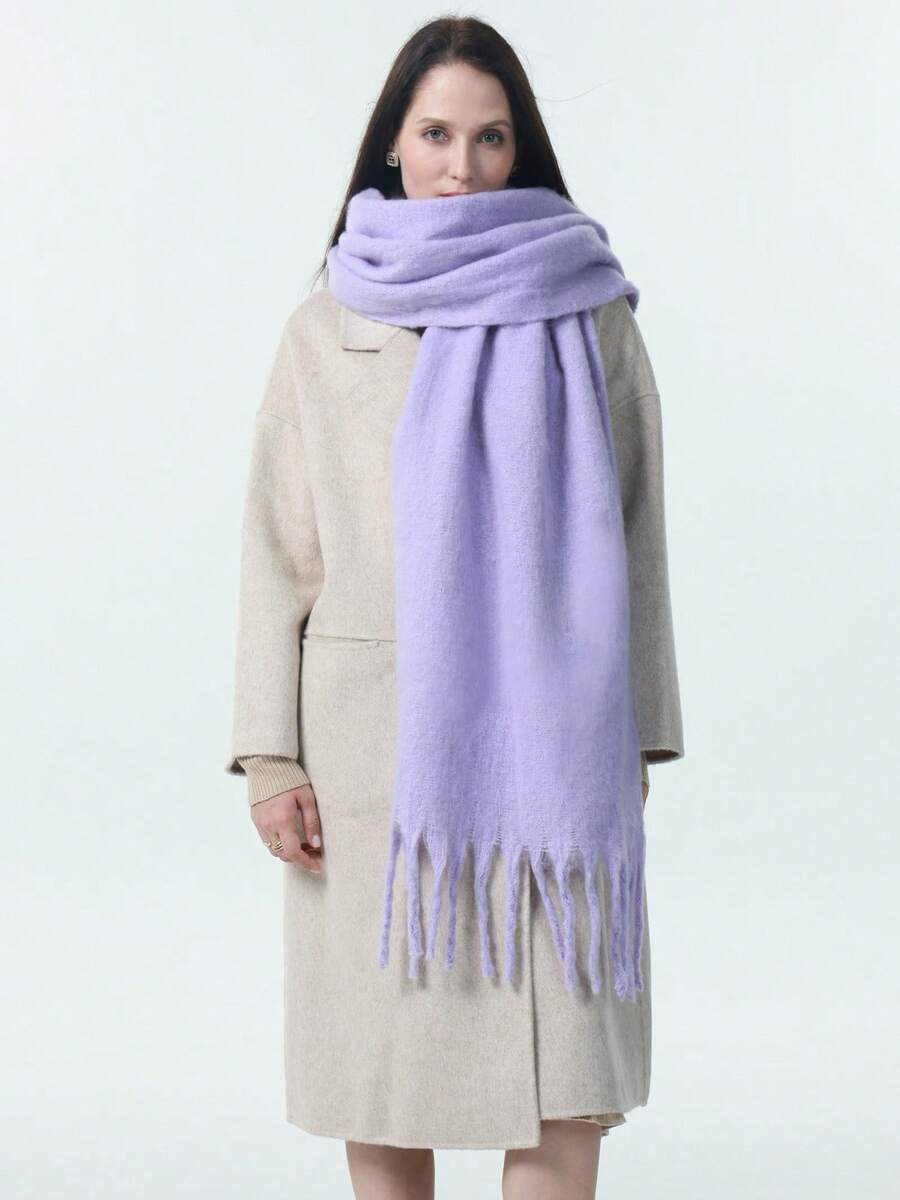 1pc Solid Color Scarf, Warm Neck Accessory For Winter, Thick Knitted Wool Tassel Shawl, Suitable To Pair With Dresses - Purple - View 1