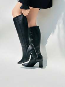 Botas altas para mujer de piel sintética, punta fina, sin cordones, tacón grueso alto, estilo minimalista urbano para oficina y salidas - Negro - Ver 3