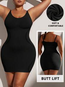 1pc Plus Size Women's Waist Cinching Dress, Seamless Bust & Waist Tie Strap Dress, Plus Size Women's Shapewear Skirt Jumpsuit, Summer - Black - View 4