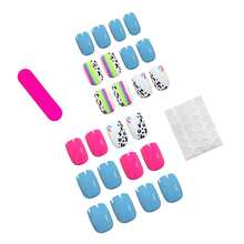 Short Press On Nails Square Fake Nails Blue Rose Red False Nails With Black Leopard Print Design Glue On Nails Colored Lined Stick On Nails Glossy Full Cover Acrylic Nails For Women Manicure 24Pcs - 藍色 紅色 - 查看 3