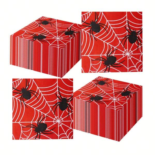 20pcs/40pcs/60pcs/Set, Red Halloween Spider Web Napkins, Red Spider Web Disposable Hand Towels, Halloween Spiderweb Themed Party Cocktail Disposable Paper Napkins, Decorative Dinner Hand Towels For Festive Birthday Party Decorations