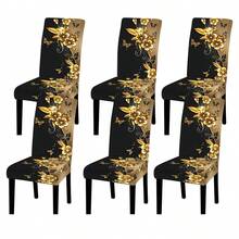 4/6/5/7 Pcs Classic Floral Pattern Black & Gold Chair Covers And Tablecloth Set, 4 Pcs (4 Chair Covers), 6 Pcs (6 Chair Covers), 5 Pcs (1 Tablecloth + 4 Chair Covers), 7 Pcs (1 Tablecloth + 6 Chair Covers), Suitable For Indoor/Outdoor, Home Gatherings, Holiday Table & Chair Decor, Reusable - Multicolor - View 13