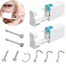 2 piezas Perforadora de nariz desechable con pendientes de nariz incorporados - Kit de perforación de nariz por uno mismo con 6 piezas de anillos de joyería para la nariz - 2 dispositivos para perforar la nariz + 6 alfileres para la nariz. - Ver 2