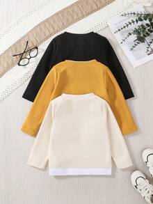 3 件套幼儿男童休闲舒适日常穿着字母和华夫格图案长袖 T 恤套装，春秋