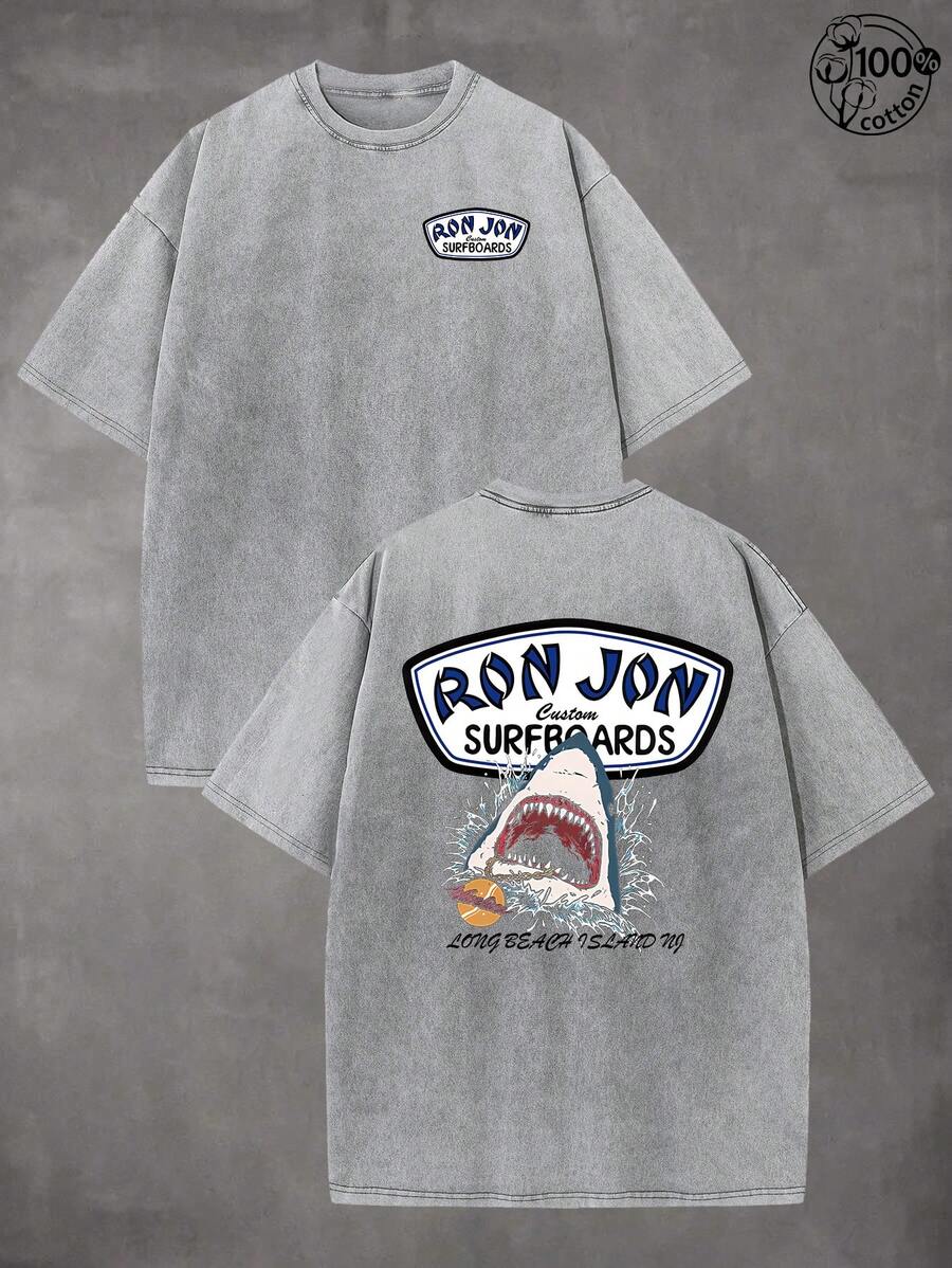Shark Surfing Pattern Men's Summer Round Neck Short Sleeved T-Shirt, Unisex T-Shirt, Comfortable And Fashionable, Men's Clothing, 230G Washed Cotton High-Quality Double-Sided Printed T-Shirt, Suitable For Retro Street Style, Outdoor Sports And Leisure, Beach Travel And Other Occasions, Perfect Gift - Grey - View 1