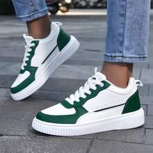 Women's Skateboard Shoes For Men And Couples, Casual Shoes - Lightweight And Breathable Synthetic Fiber Upper, EVA Shock-Absorbing Sole - White And Green Lace-Up Low-Top Shoes, Suitable For Skateboarding, Daily Wear, And Formal Occasions - All-Season Casual Shoes, Youthful Style, Comfortable Lining, Suitable For Outdoor Commuting, Color-Block Design, Durable Structure, Student Exclusive