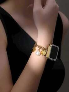 1 pieza Pulsera para Apple Watch, Pulsera de mujer con colgante de perla, compatible con Apple Watch 38/40/41/44/45/49/42mm, ajuste telescópico simple y conveniente, compatible con pulsera de acero inoxidable para Apple Watch S10 S9 S8 7 6 5 4 3 2 1 Ultra2/1