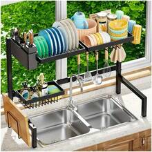 TAIMASI Adjustable Over-The-Sink Dish Drying Rack - Multifunctional Kitchen Organizer With Utensil Holder, Cutting Board Storage & Drain Basket | Space-Saving Counter Solution For: • Labor Day Kitchen Upgrades • Thanksgiving Hosting Prep • Christmas Gift For Home Chefs • New Year's Efficiency Goals - màu đen - Xem 15