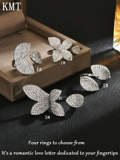 KMT 1 peça de anel elegante vazado com zircônia cúbica incrustada em cobre e design de flores e folhas, adequado para festas, ocasiões e uso diário, ótima joia para presente