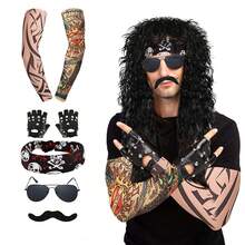 8 Piezas Disfraz de Rockero de los 70s 80s Peluca de Heavy Metal Hombre Mujer Peluca Hippie con Gafas Guantes Punk Mangas de Tatuaje para Accesorios de Fiesta Punk de los 80s, Peluca Larga, Gafas, Barba, Pañuelo, Guantes, Brazos con Flores, para Disfrazarse en Fiestas de Halloween - Multicolor - Ver 1