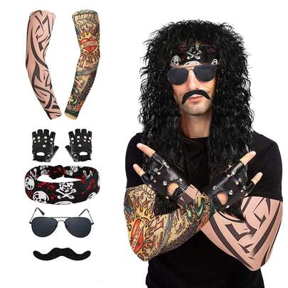 8 Pcs 70s 80s Rocker Costume Heavy Metal Wig Men Women Hippie Wig With Glasses Punk Gloves Tattoo Sleeves For 80s Punk Party Accessories,Long Wig,Glasses, Beard, Headscarf, Gloves, Flower Arms, For Halloween Party Dressing Up