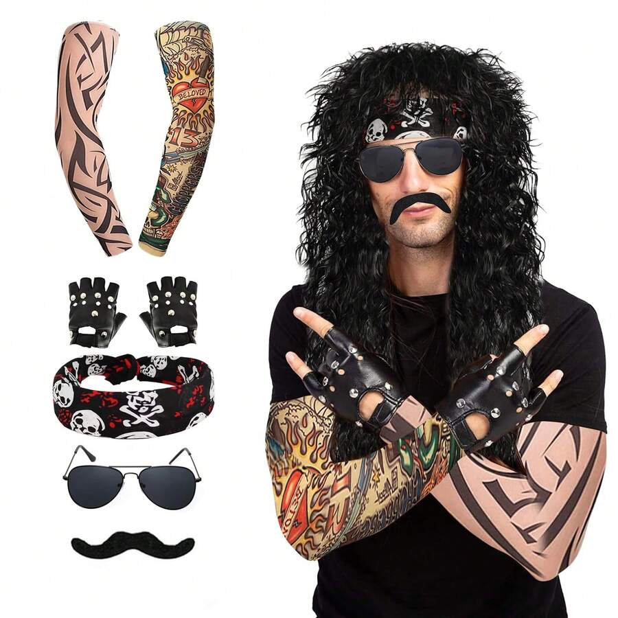 8 Piezas Disfraz de Rockero de los 70s 80s Peluca de Heavy Metal Hombre Mujer Peluca Hippie con Gafas Guantes Punk Mangas de Tatuaje para Accesorios de Fiesta Punk de los 80s, Peluca Larga, Gafas, Barba, Pañuelo, Guantes, Brazos con Flores, para Disfrazarse en Fiestas de Halloween - Multicolor - Ver 1