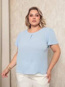 ONLYONE - PLUS SIZE WOMEN'S BLOUSE, SHORT SLEEVE, PRINCESS, PLEATES, LIGHT DUNES NECKLINE - ELEGANT WOMEN'S BLOUSES, LARGE - 淺藍色 - 查看 1