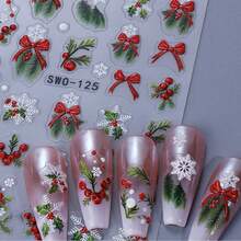 2PCS Red Christmas 5D Embossed Nail Stickers Red Bow Ribbon Holly Snowflakes Designs Xmas Winter Nail Art Decals Self-Adhesive Sliders DIY Charms Manicure Nails Decoration Holiday Gift For Women Girl - Multicolor - View 4