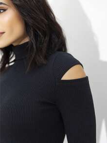 Cacharrel Women's Long Sleeve Blogger Turtleneck Crop Top - 黑色 - 查看 2