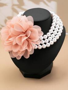 1pc Elegant Beaded Multi-Color Fabric Net Floral Triple Pearl Unique Necklace For Women - Mesh Flowers - View 4