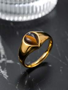 18K Gold Plated Stainless Steel Tiger Eye Stone Ring, Natural Gemstone Inlaid, Water Drop Shape, Fashion Jewelry For Men And Women