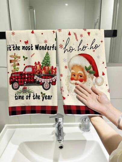 2pcs Christmas Hand Towels, Santa Claus, Snowflake Deer, Christmas Tree Pattern Design Dish Cloths, Kitchen Cleaning Cloths, Suitable For Christmas Kitchen And Bathroom Decor, Advent Gift, Christmas Surprise