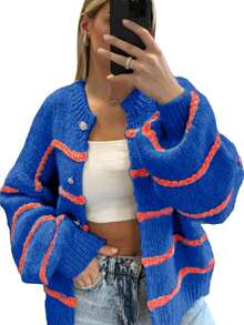 Womens Striped Cardigan Sweaters Casual Open Front Long Sleeve Button Down Knit Outwear - 藍色 - 查看 1