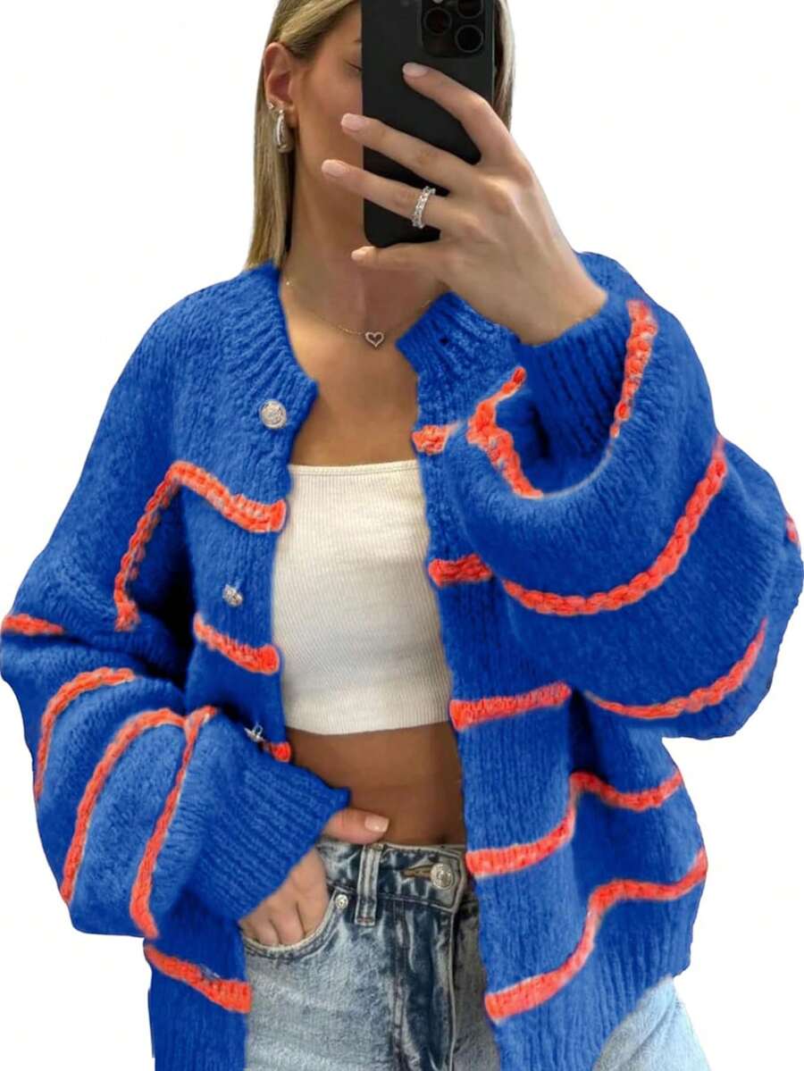 Womens Striped Cardigan Sweaters Casual Open Front Long Sleeve Button Down Knit Outwear - 藍色 - 查看 1