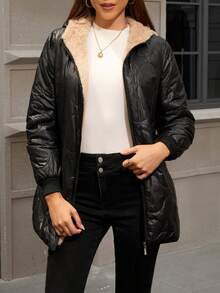 Jaqueta Acolchoada com Capuz Leve e Quente para Mulheres, Tecido Tecido de Cor Sólida, Canelado, Adequado para Outono, Inverno, Primavera - Preto - Visão 1