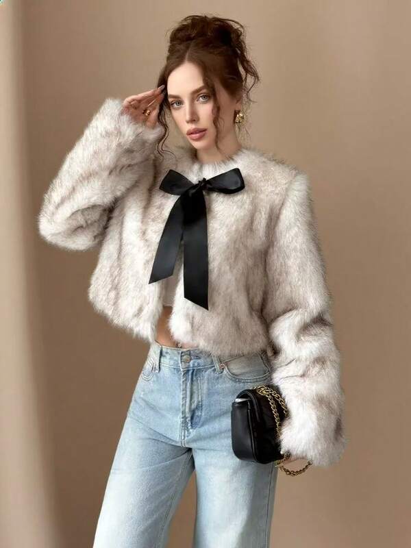 Elegante Damen Kunstfell Kurze Jacke mit langen regulären Ärmeln, Stehkragen und charmanter Schleife vorne
