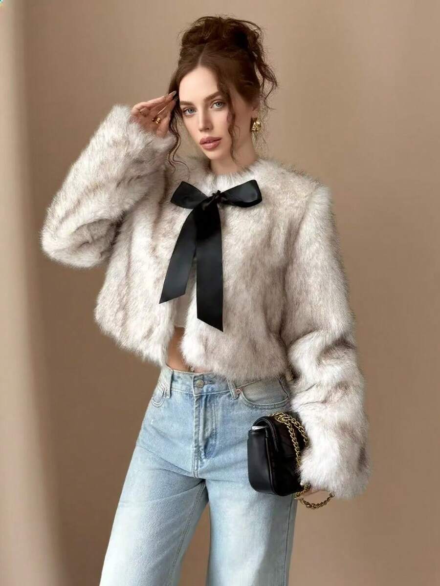 Elegante Damen Kunstfell Kurze Jacke mit langen regulären Ärmeln, Stehkragen und charmanter Schleife vorne