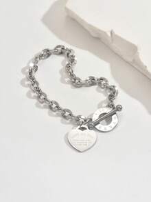 1pc Unisex Stainless Steel Heart Engraved Lip Chain Silver Bracelet, Suitable For Daily Wear, Gifts, And Casual Outfits